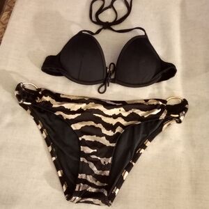 VTG. Victoria Secret Pink Black & Gold Women's Bikini Set Top 34B Bottoms M